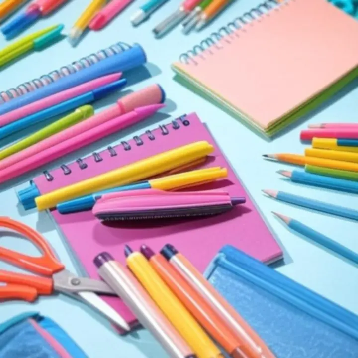 Back-to-school iskolai kellékek flatlay kompozíciója füzetekkel, tollakkal és szervezőkkel