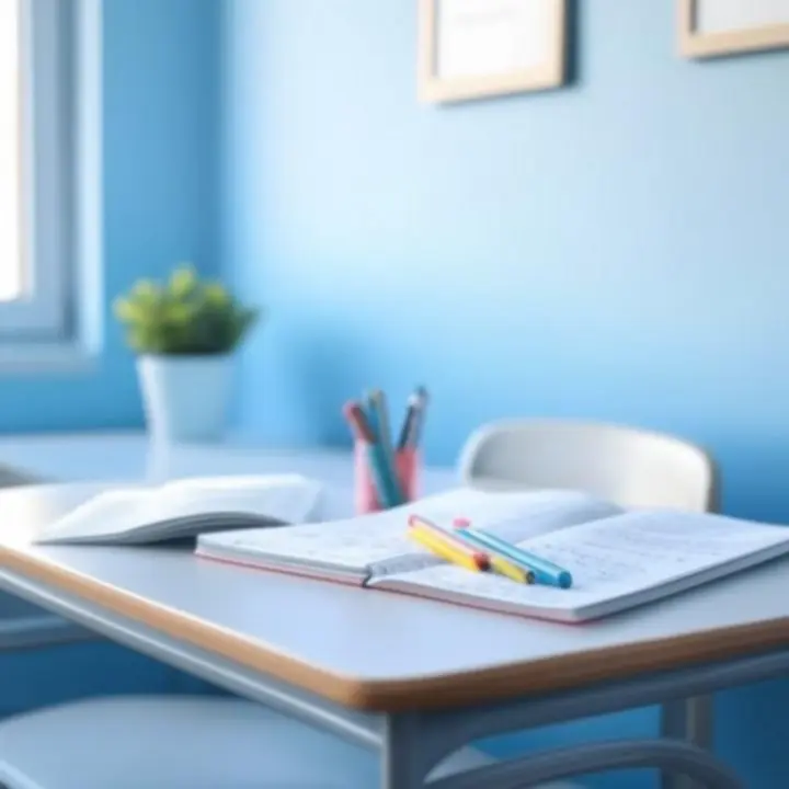 Kreatív, színes iskolai tanulósarok rendezett asztallal és dekoratív iskolai eszközökkel