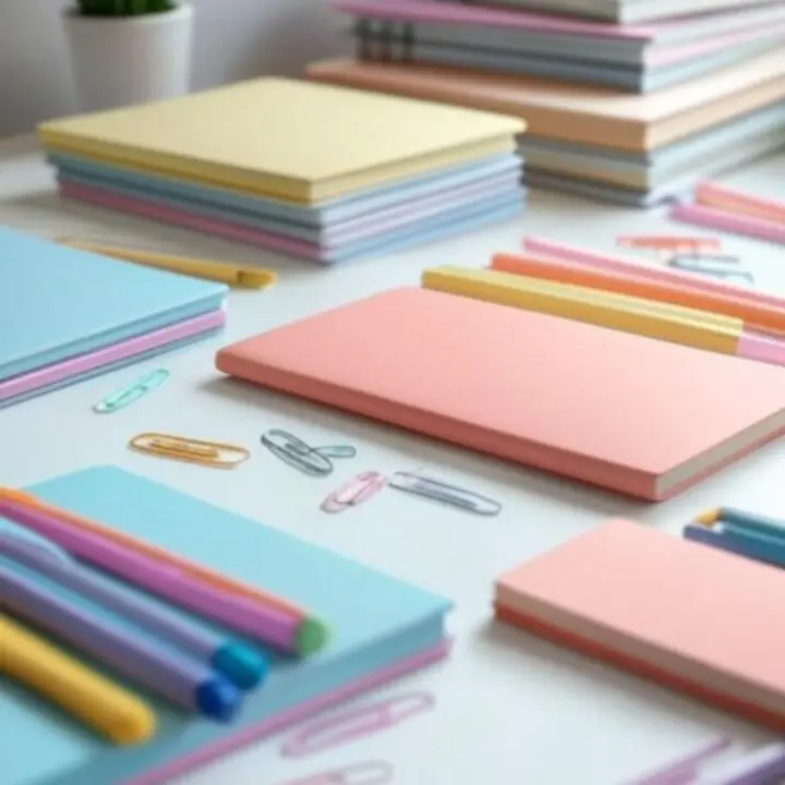 Kreatív írószerrel teli, rendezett munkaasztal pastel színekben.