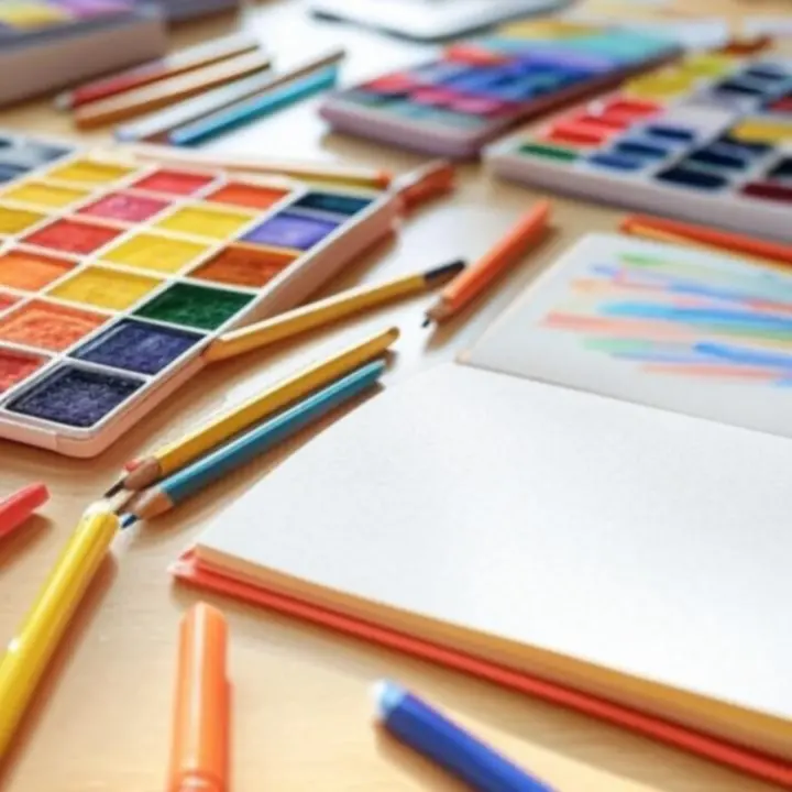 Színes kreatív eszközök – ceruzák, filcek és füzetek elrendezve