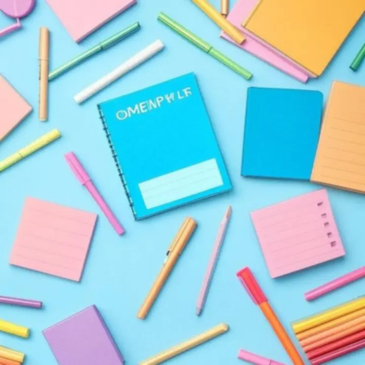 Színes írószer flatlay pastel árnyalatokkal egy rendezett kreatív íróasztalon.