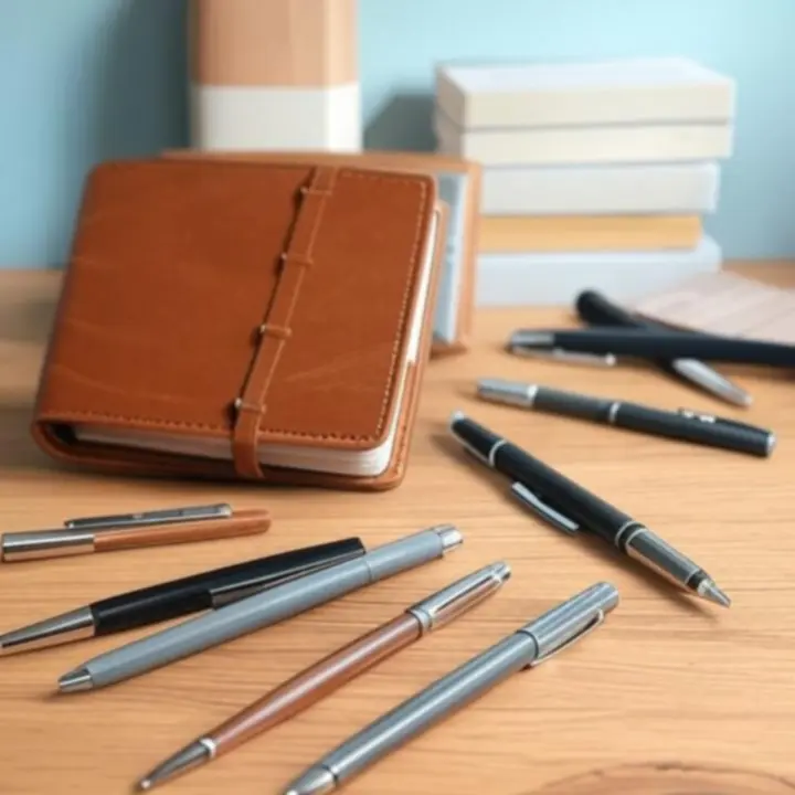 Válogatott, színkoordinált papír-írószer termékek asztalon