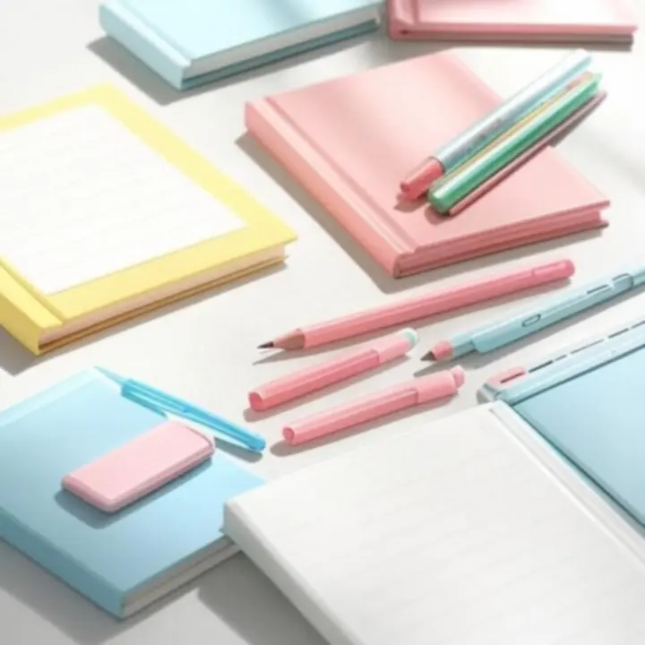 Kiemelt írószer szettek termékfotója pastel kiemelőkkel, matricákkal és jegyzetfüzetekkel