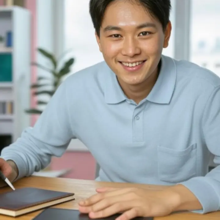 Mosolygó vásárló gondosan összeválogatott írószerekkel egy asztalon.