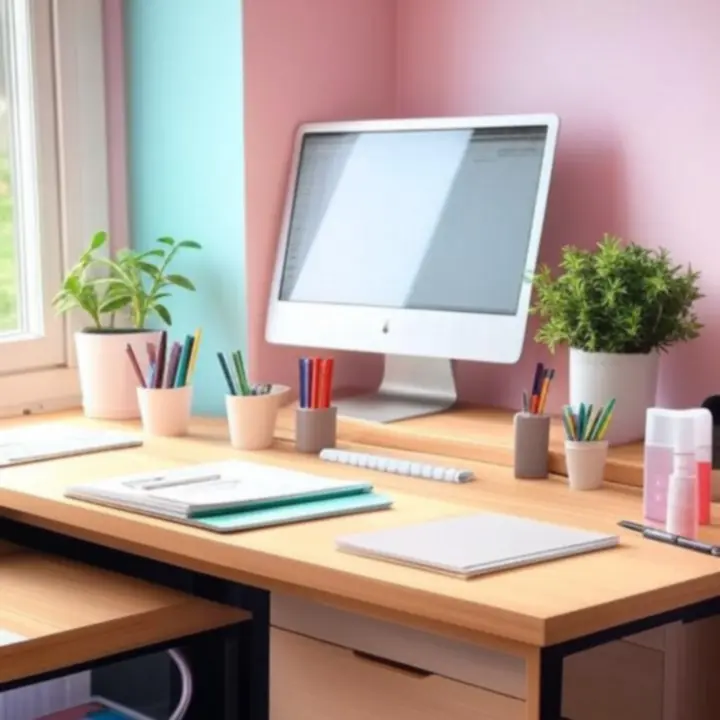 Inspiráló, rendezett íróasztal pastel színű írószerekkel és jegyzetfüzetekkel.