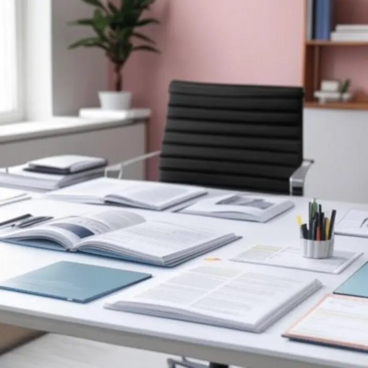 Modern, pasztell színekkel berendezett íróasztal jegyzetfüzettel, tollakkal és szervezőkkel.