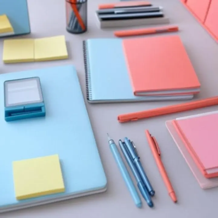 Pasztell irodai eszközök flatlay elrendezésben egy rendezett asztalon.