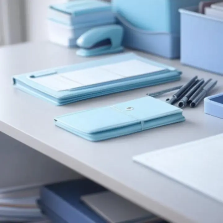 Rendezett, modern íróasztal irodai írószerekkel és kiegészítőkkel