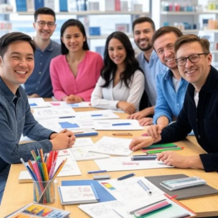 SmartDeeskStore csapat tagjai kreatív megbeszélésen írószerekkel körülvéve.